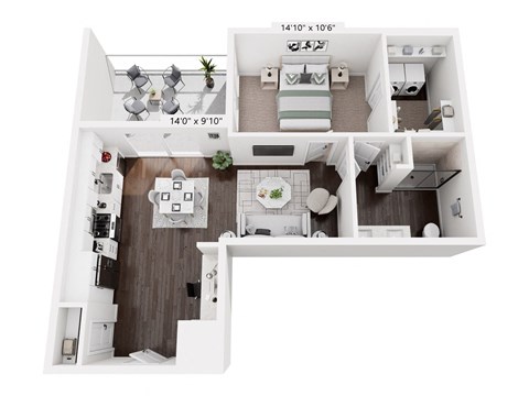 A white floor plan of a two-bedroom apartment with a living room, kitchen, and bathroom.